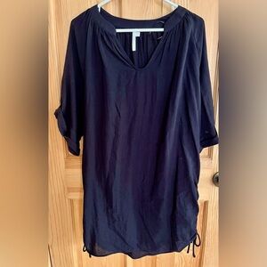 Seafolly Australia Black Crinkle Cotton Tunic Dress Beach Coverup Ruched Size M